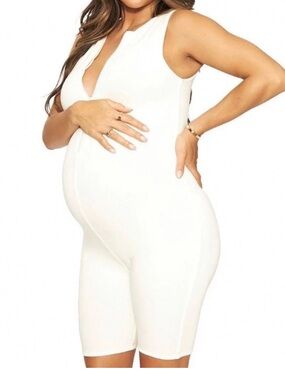 Naked Wardrobe Baby Mama Off White Maternity Zipper Front Romper Jumpsuit XL NWT